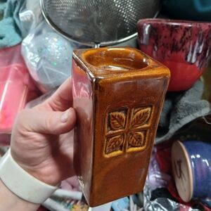 Brown Ceramic Votive Candle Holder with Leaf Motif